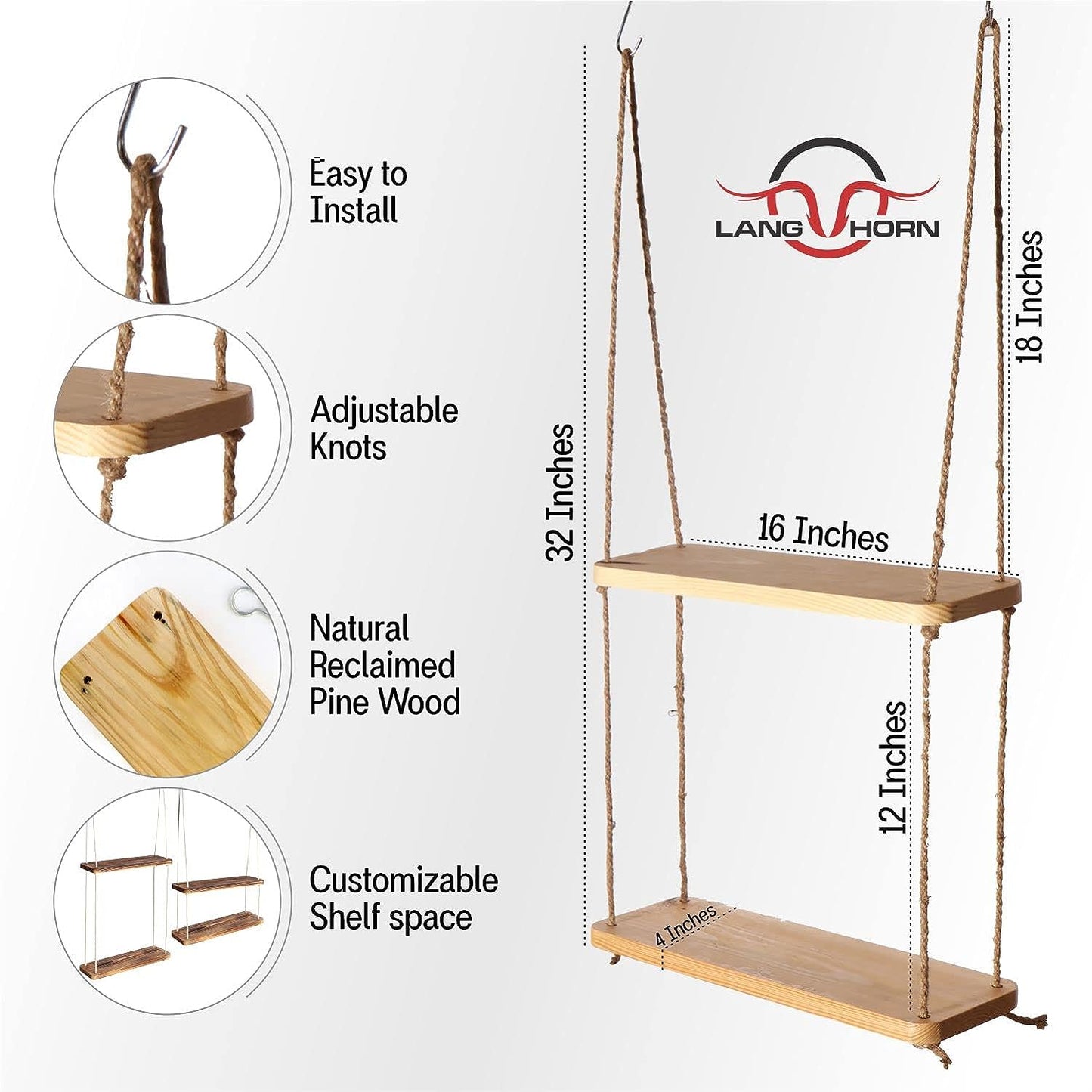 2 tier Wooden hanging Rope Shelves