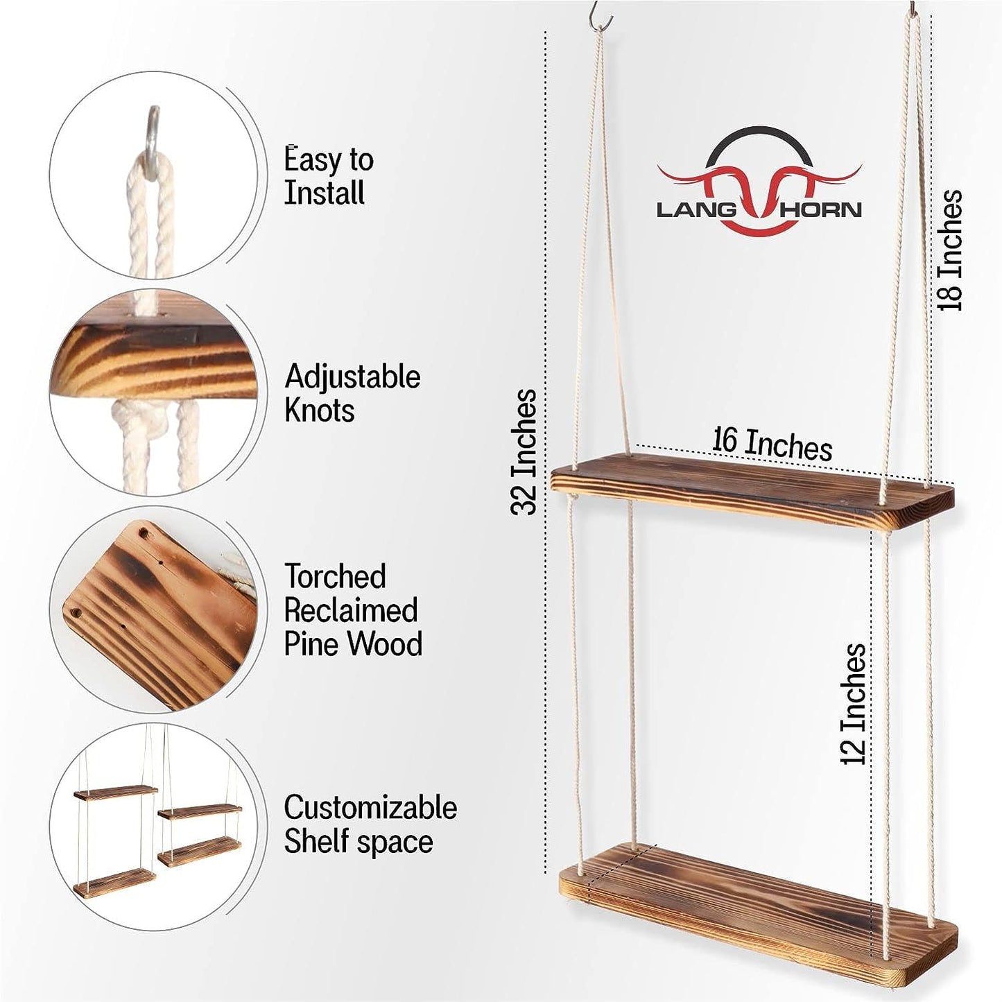 2 tier Wooden hanging Rope Shelves