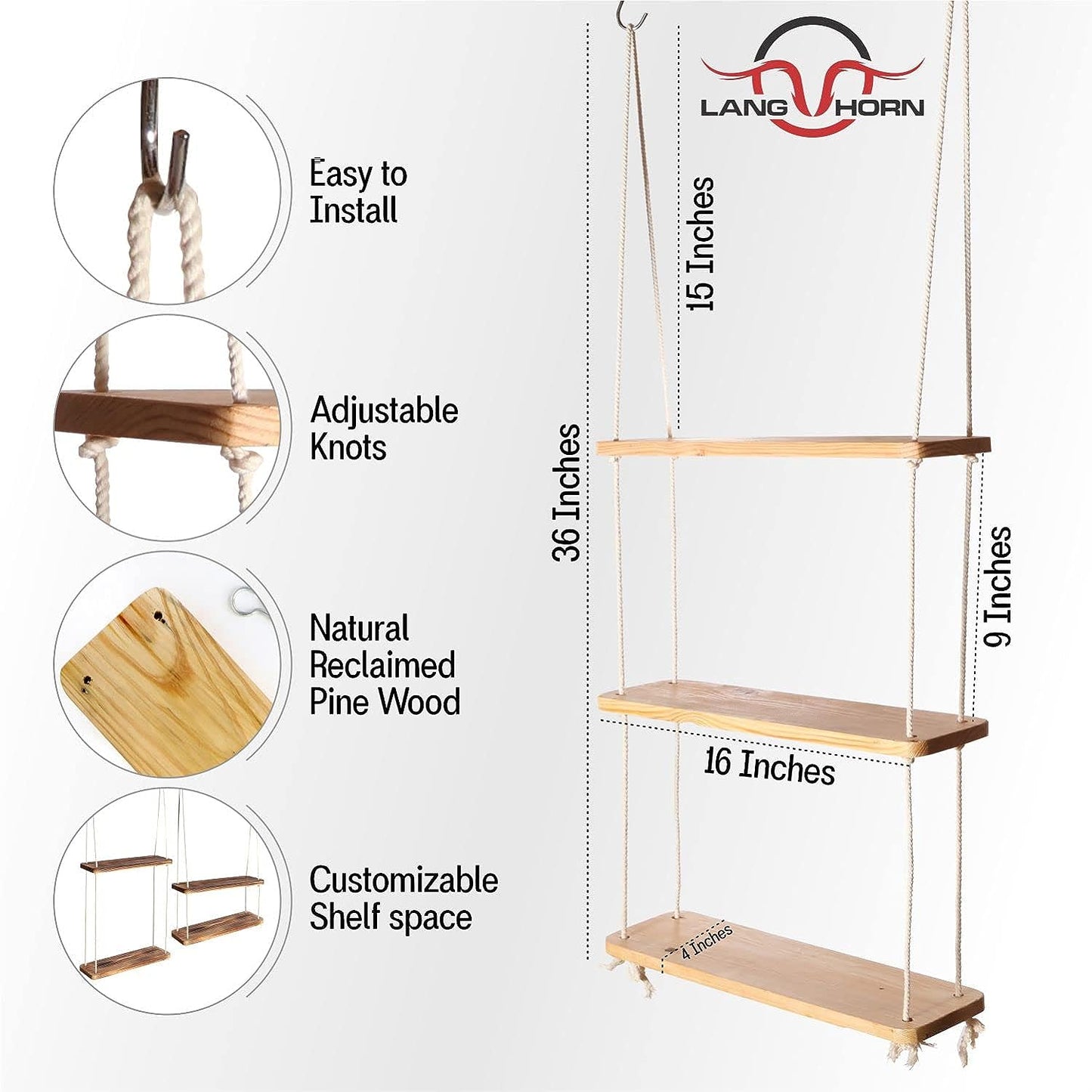 3 tier Wooden hanging Rope Shelves