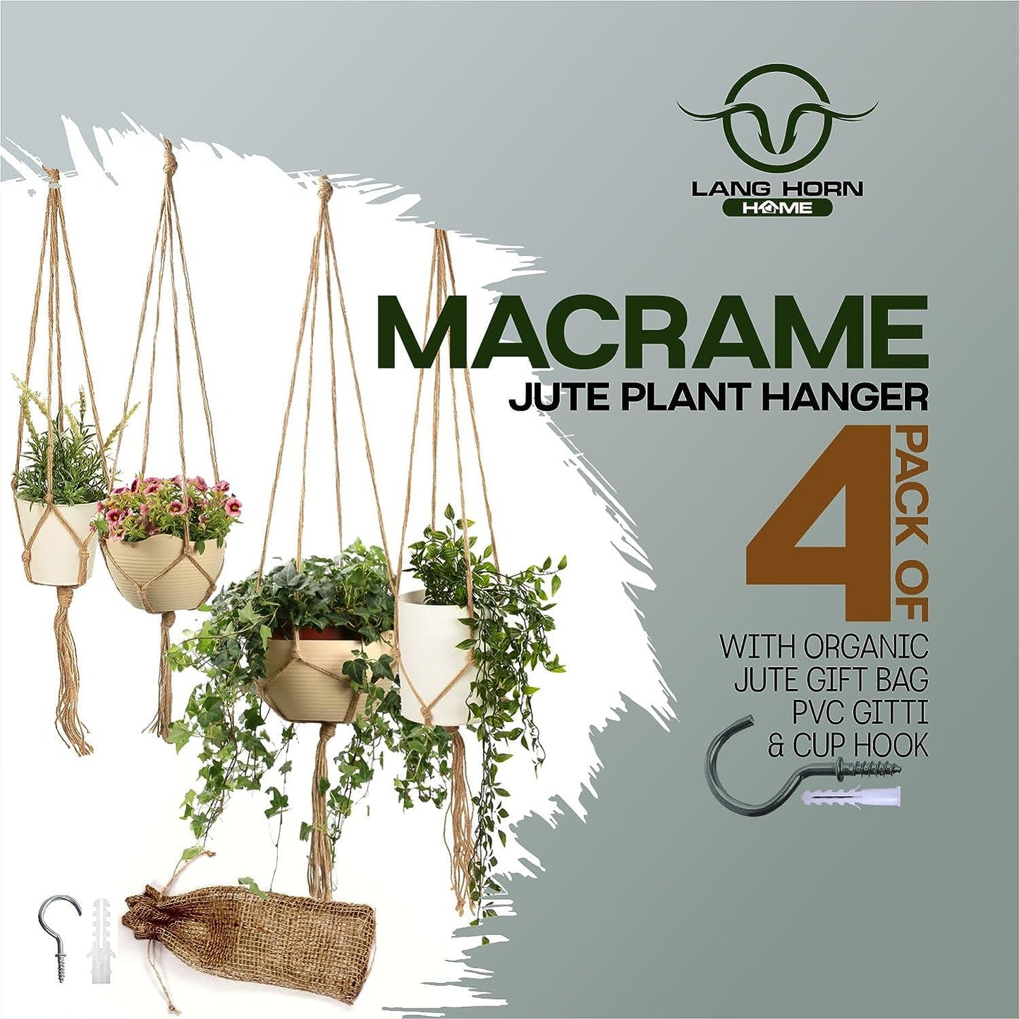 Handmade Jute Macrame Plant Hanger | Flower Pot Holder | Hanging jute Rope Plant hanger | Pack of 4