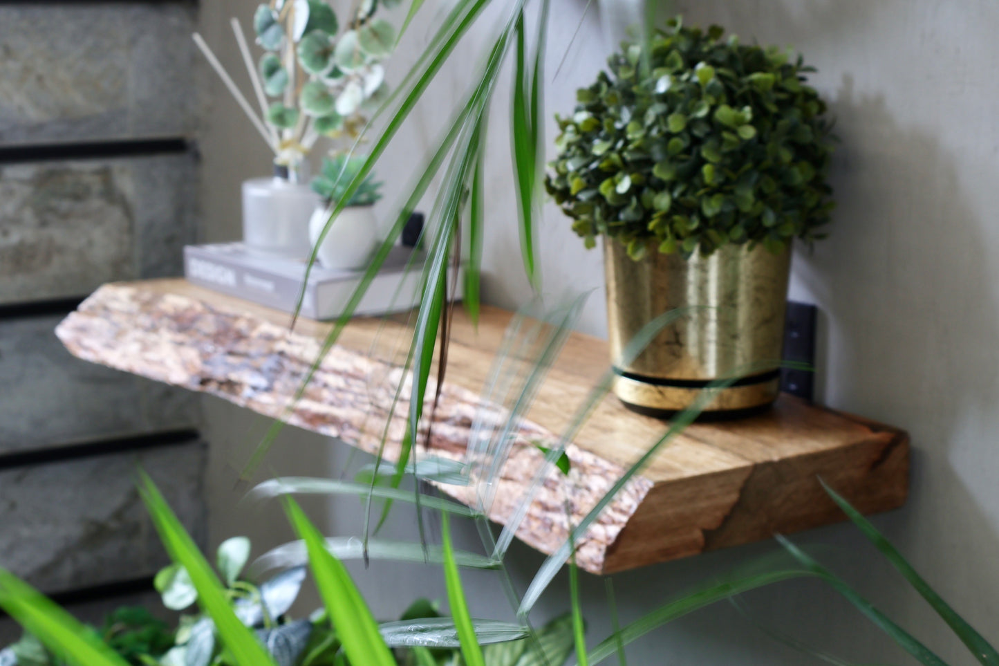 Rustic Handmade Floating Wooden Shelves | Chunky Live Edge Mango Wood shelf with Brackets | Length 30inch x 9 inch Depth x 1.75 inch Thickness