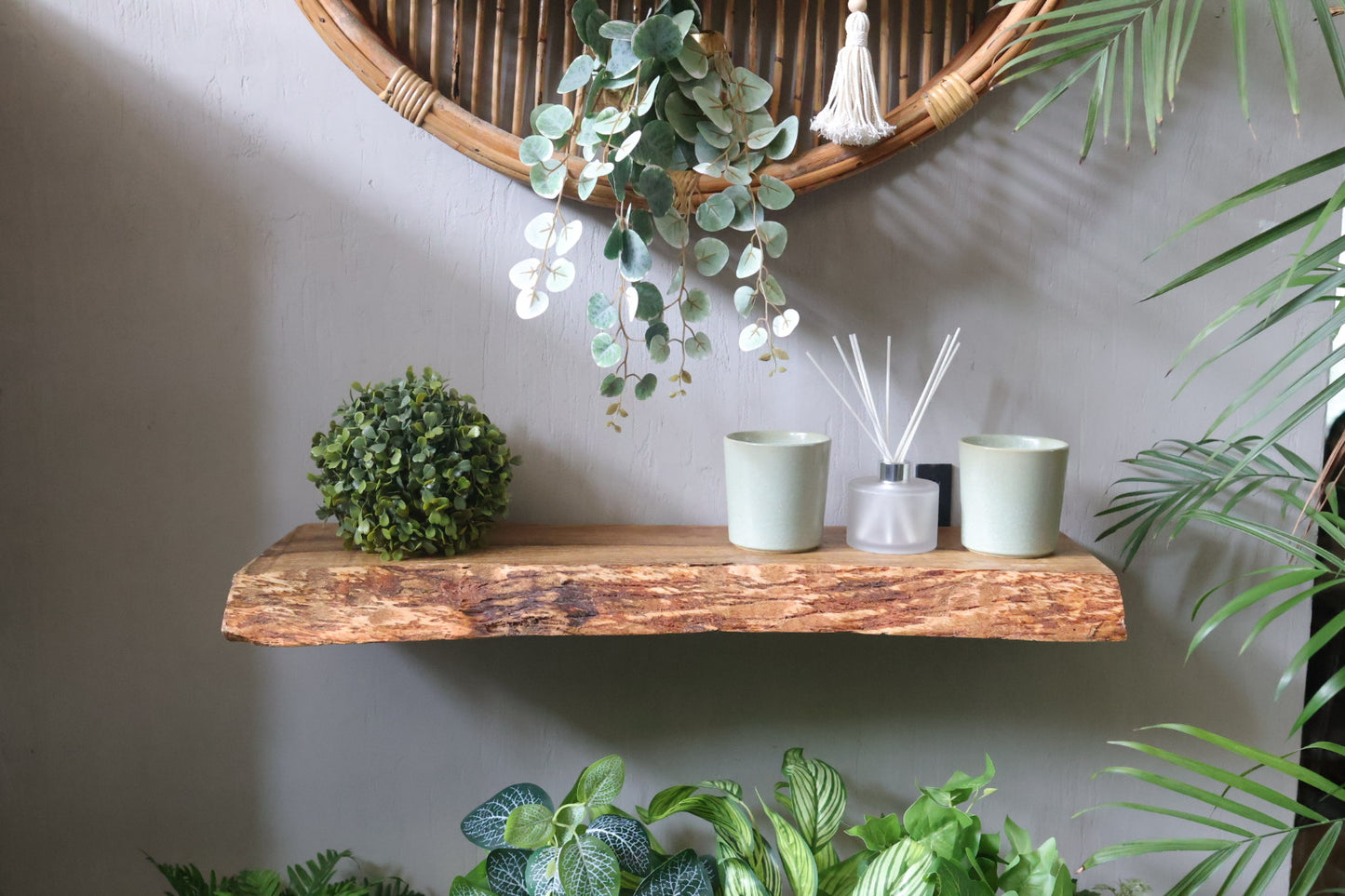 Rustic Handmade Floating Wooden Shelves | Chunky Live Edge Mango Wood shelf with Brackets | Length 30inch x 9 inch Depth x 1.75 inch Thickness