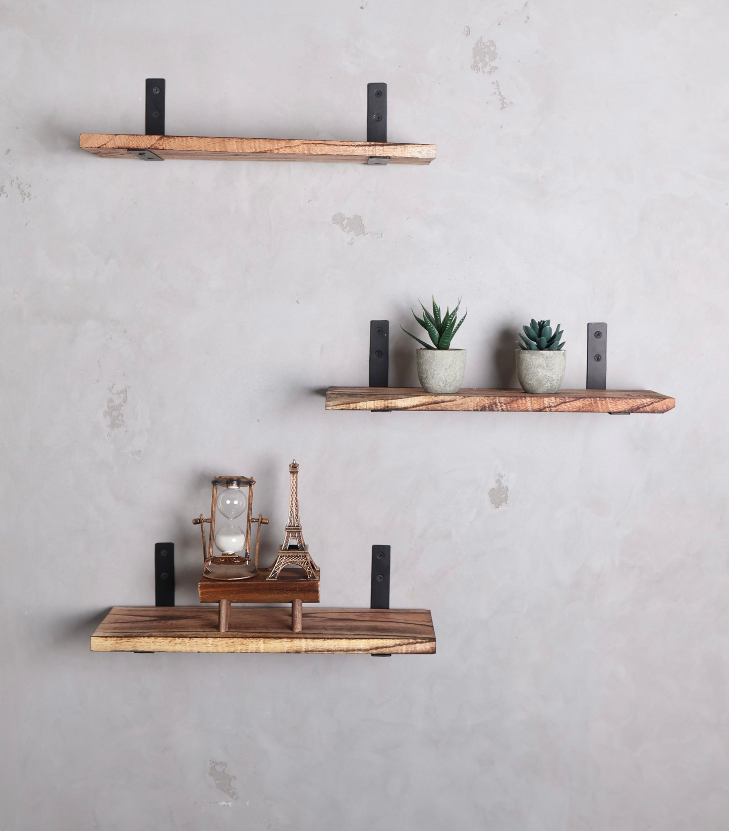 Rustic Handmade Floating Wooden Shelves | Slim Pine Wood shelves torched with Brackets |Set of 3| Length 16 inch x 5inch Depth x 1inch Thickness