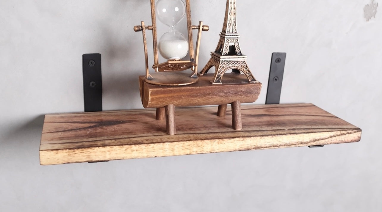 Rustic Handmade Floating Wooden Shelves | Slim Pine Wood shelves torched with Brackets |Set of 3| Length 16 inch x 5inch Depth x 1inch Thickness