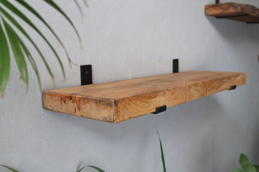 Rustic Handmade Floating Wooden Shelves |  Chunky Rectangular Mango Wood shelf with Brackets | Length 30inch x 9 inch Depth x 2 inch Thickness