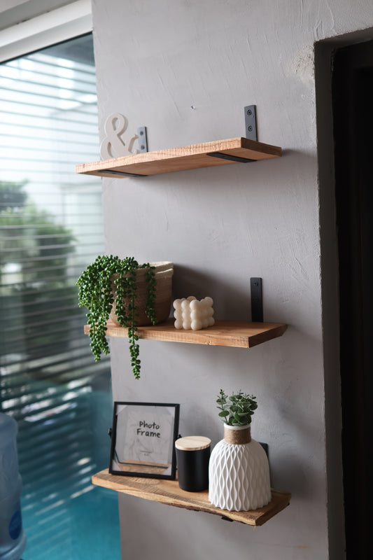 Rustic Handmade Floating Wooden Shelves |Slim Rectangular Mango Wood Shelf with Brackets | Set of 3| 16"x5"x1"