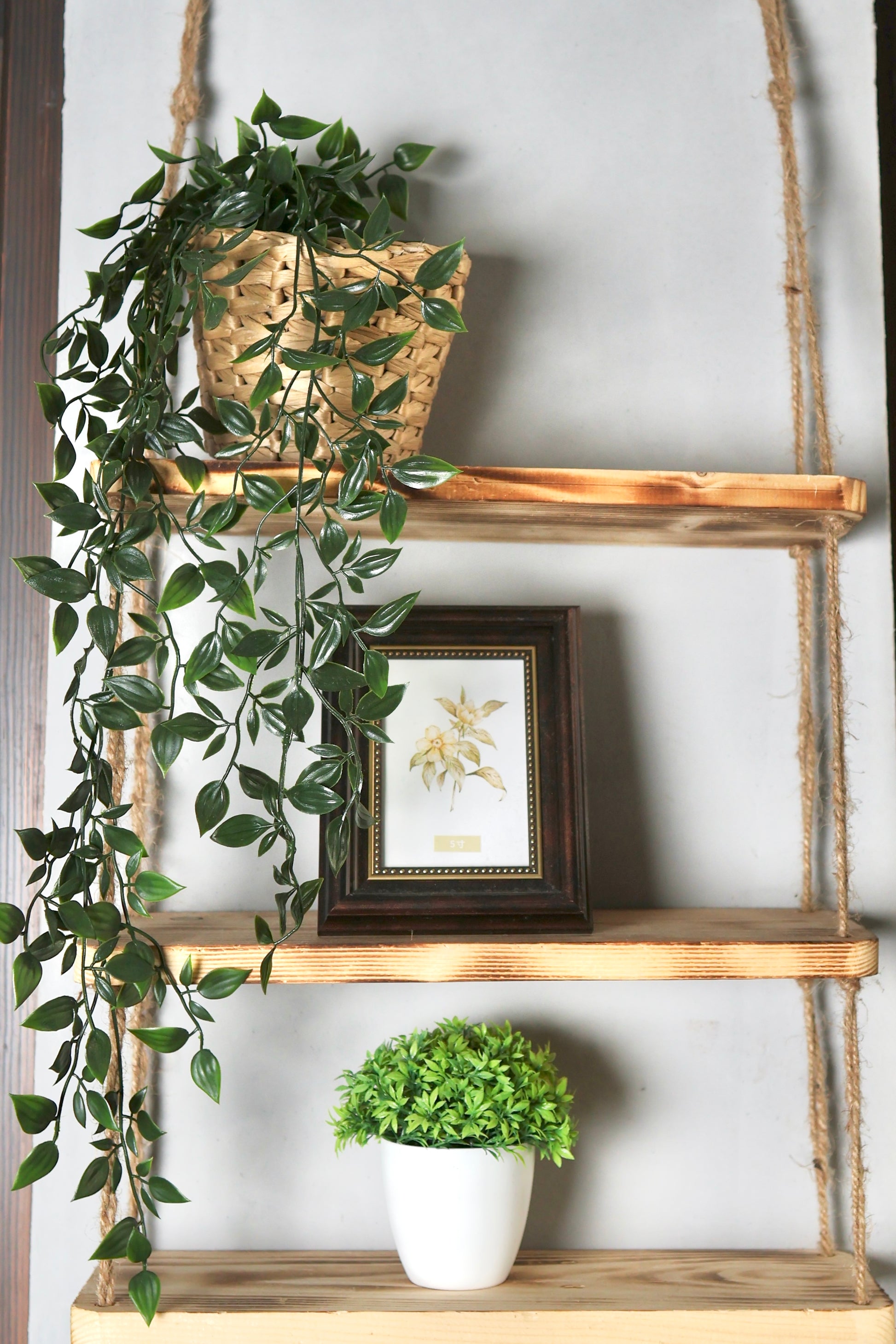 rope hanging shelves for plants 3-Tier Rustic Wood Rope Floating Shelf
