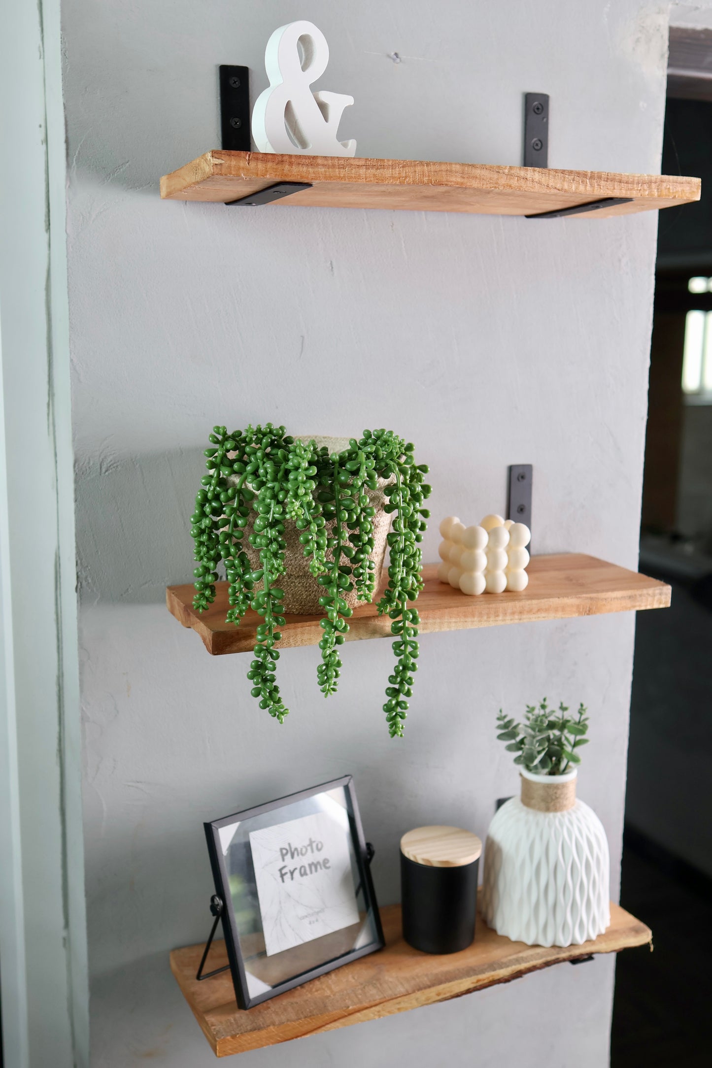 Rustic Handmade Floating Wooden Shelves |Slim Rectangular Mango Wood Shelf with Brackets | Set of 3| 16"x5"x1"