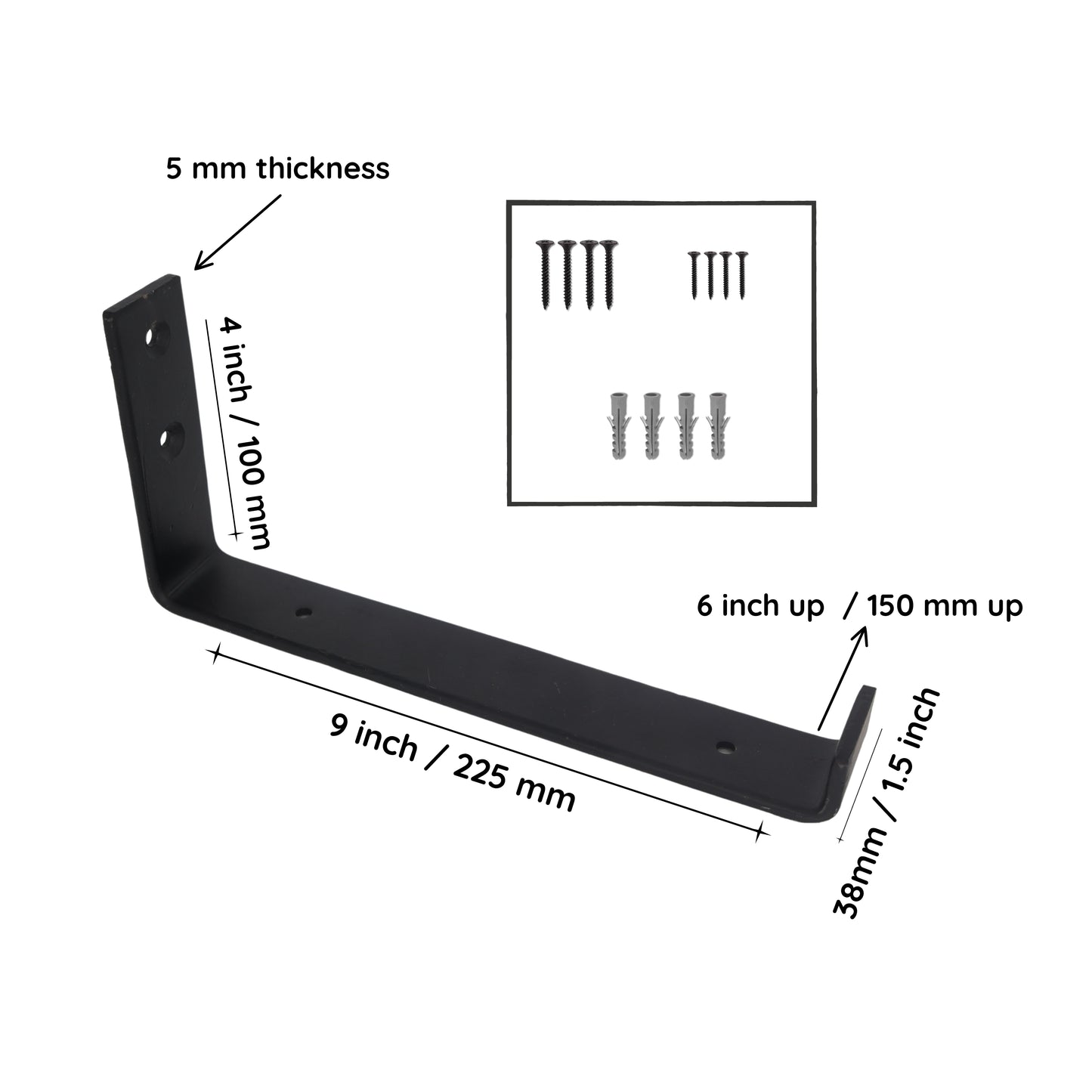 Heavy Duty Wall Metal Shelf Bracket | Up Style Black | 9" x 4" x 1.5" (5mm thick) | PACK OF 2