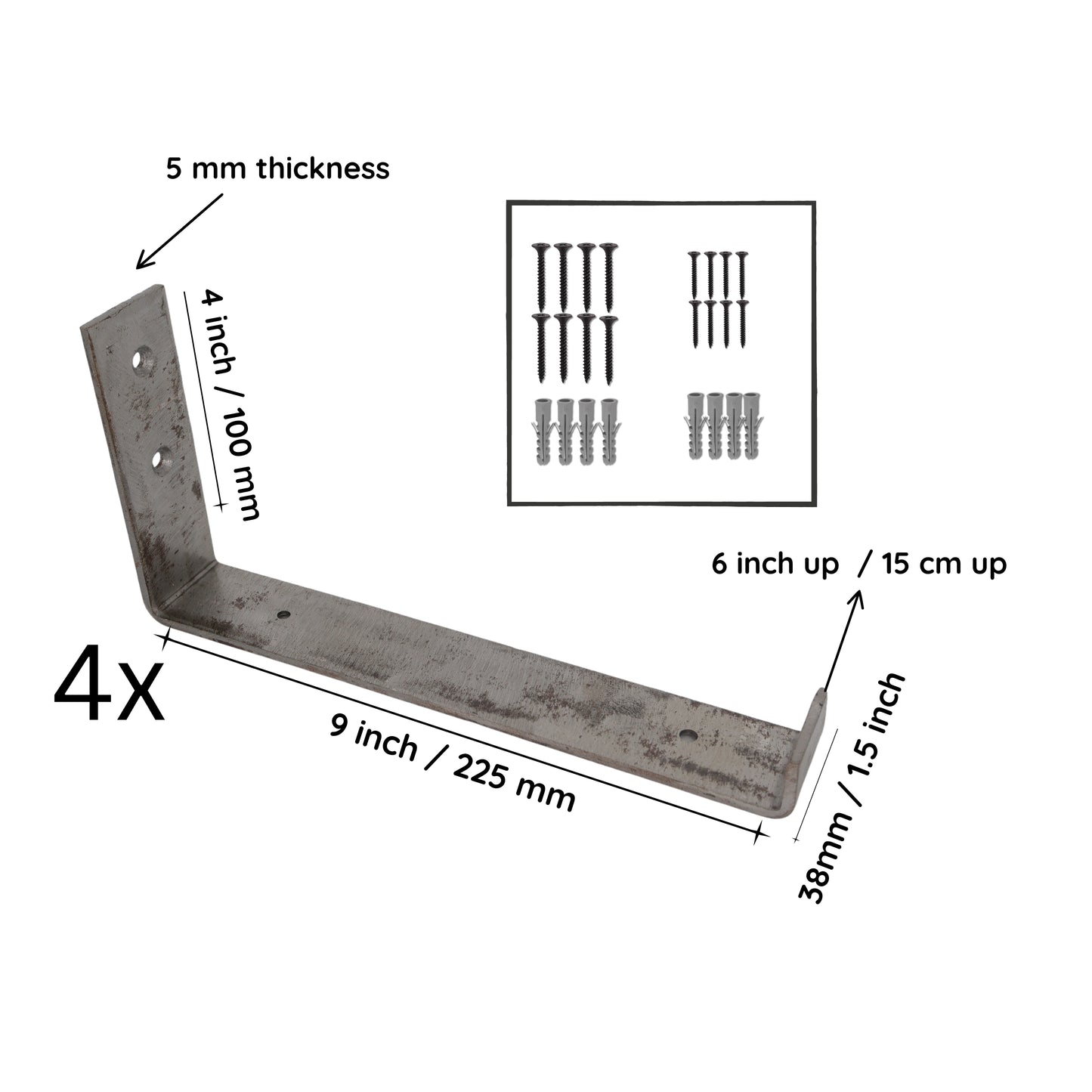 Heavy Duty Wall Metal Shelf Bracket | Up Style Industrial Finish | Size 9" x 4" x 1.5" | PACK of 4