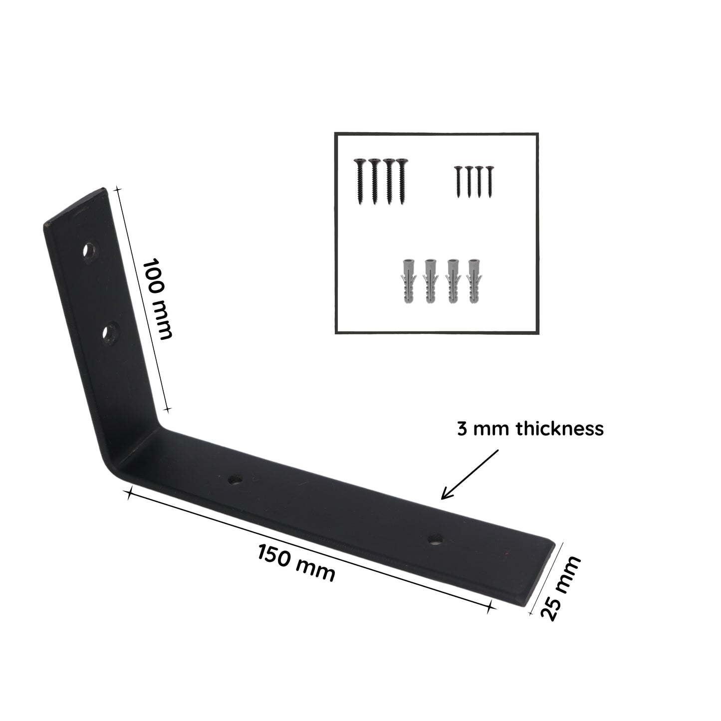 Heavy Duty Wall Metal Shelf Bracket | L-Shape Black | 150mm x 100mm x 25mm (3mm thick) | PACK OF 4