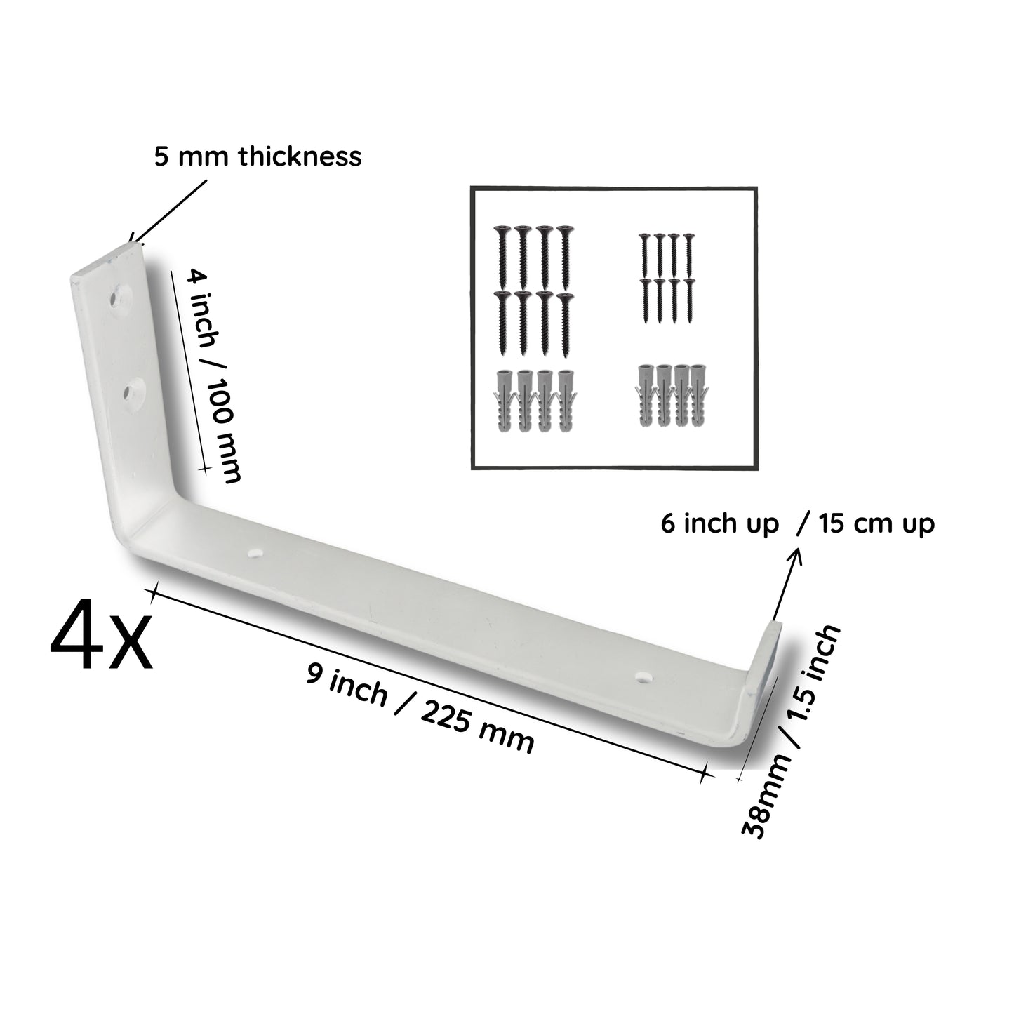 Heavy Duty Wall Metal Shelf Bracket | Up Style White | 225mm x 100mm x 38mm | PACK OF 4